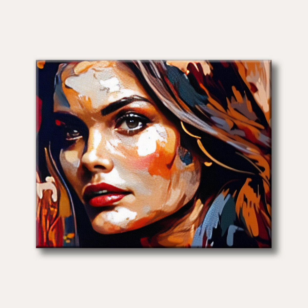 A striking close-up abstract portrait of a woman with dark hair and eyes, featuring bold, expressive brushstrokes in shades of brown, orange, red, and blue, creating a vibrant and artistic mood.