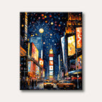 A vibrant, impressionistic painting of Times Square at night, featuring bright billboards, yellow taxis, people, and celebratory fireworks exploding above.