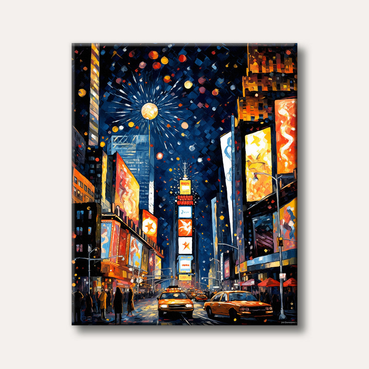 A vibrant, impressionistic painting of Times Square at night, featuring bright billboards, yellow taxis, people, and celebratory fireworks exploding above.