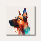 A vibrant watercolour painting depicting the profile of a German Shepherd dog's head with bold orange, brown, and blue hues, featuring expressive paint drips and splatters on a white background.