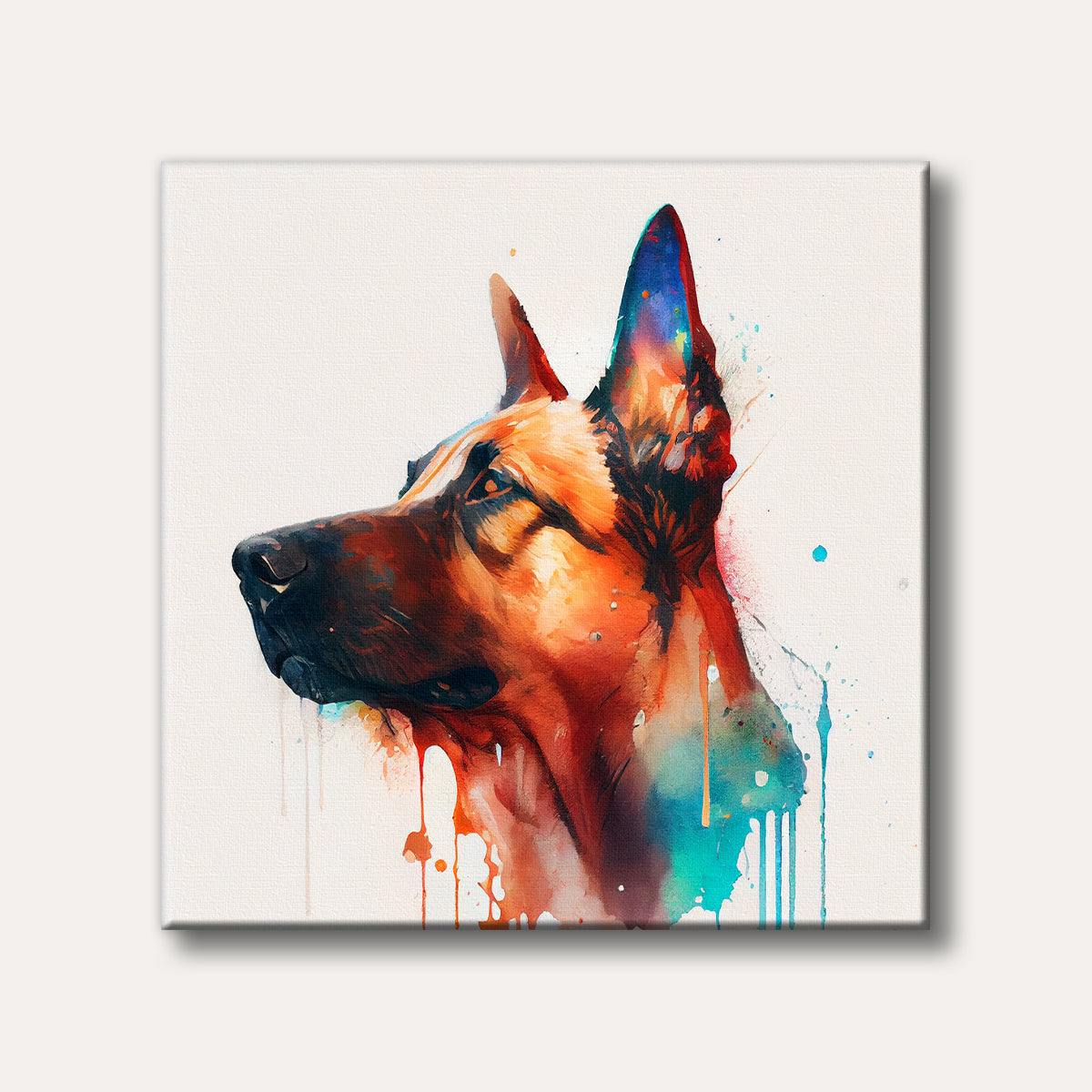 A vibrant watercolour painting depicting the profile of a German Shepherd dog's head with bold orange, brown, and blue hues, featuring expressive paint drips and splatters on a white background.