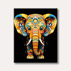 A brightly coloured elephant adorned with intricate, mandala-like patterns in a highly decorative style, featuring blues, oranges, and yellows against a black background.