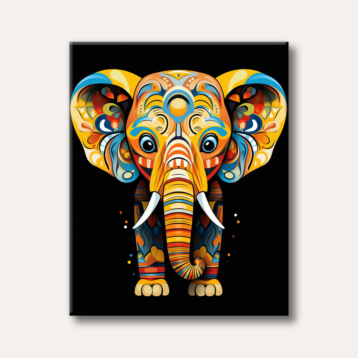 A brightly coloured elephant adorned with intricate, mandala-like patterns in a highly decorative style, featuring blues, oranges, and yellows against a black background.
