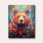 A vibrant, multi-coloured bear, stylized with an intricate pattern of leaf-like shapes, stands within a lush and richly hued forest scene.