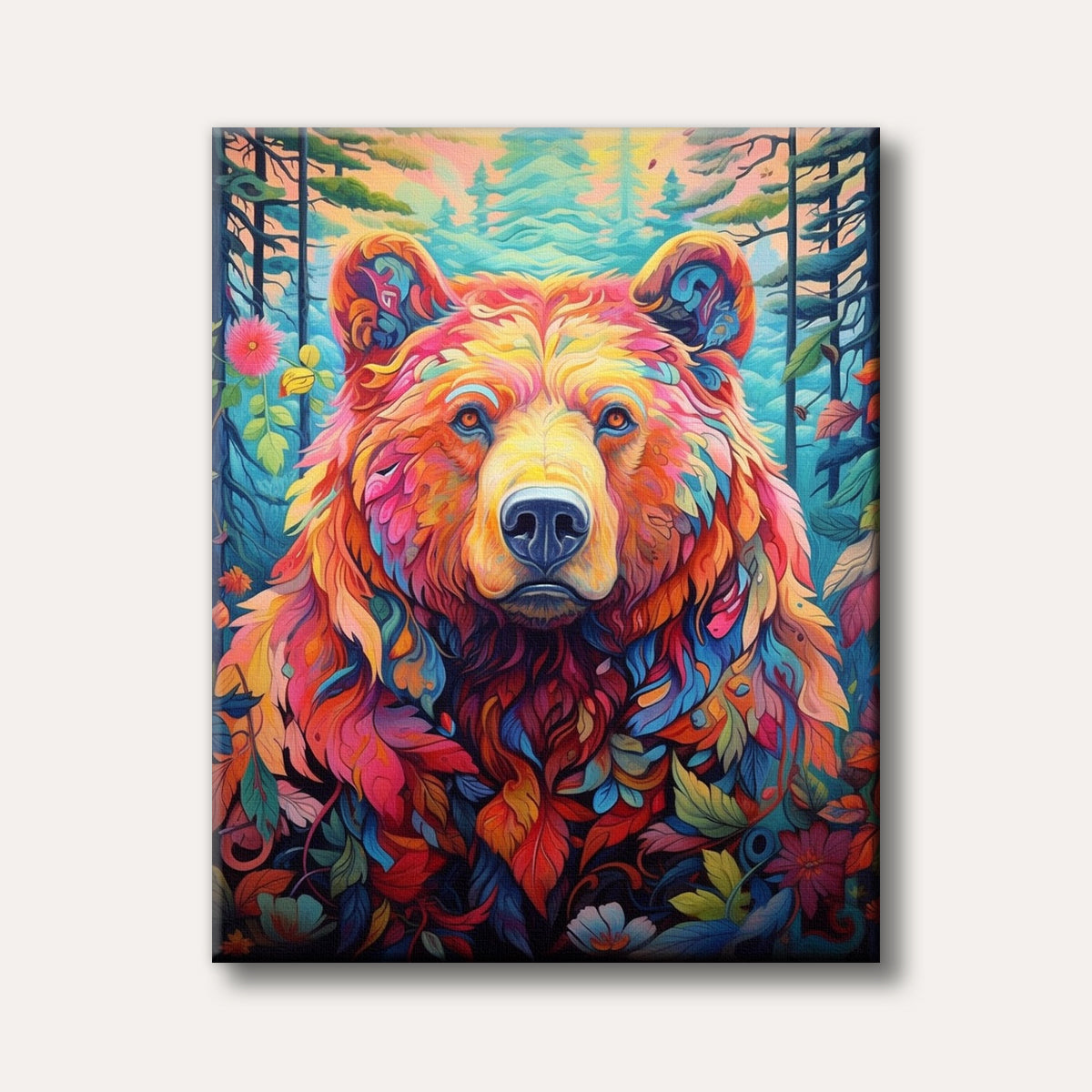 A vibrant, multi-coloured bear, stylized with an intricate pattern of leaf-like shapes, stands within a lush and richly hued forest scene.