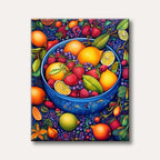 A detailed, vibrant still life painting of a blue bowl overflowing with various fruits like lemons, oranges, strawberries, and blueberries, surrounded by more fruit and foliage in a lush, stylized manner.