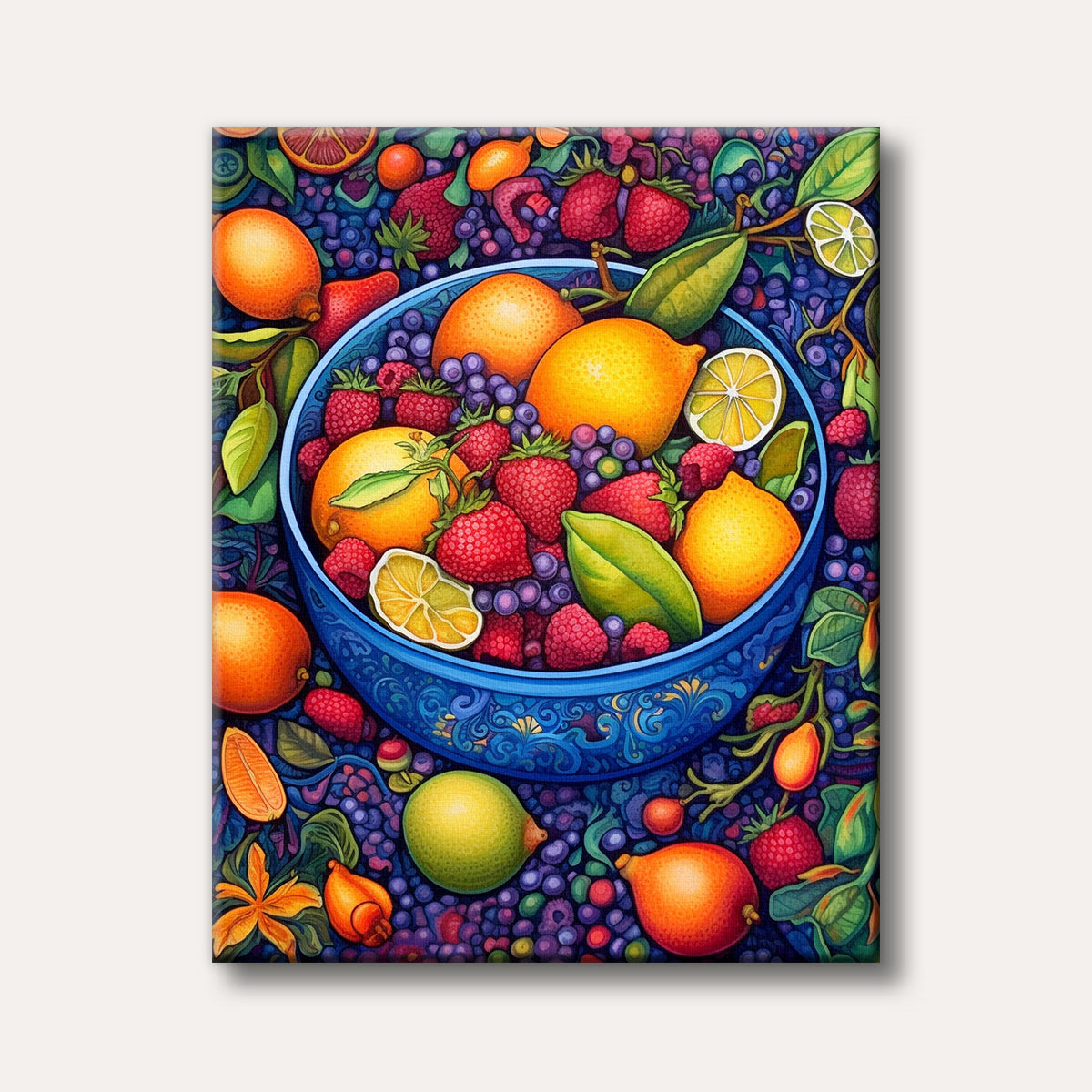 A detailed, vibrant still life painting of a blue bowl overflowing with various fruits like lemons, oranges, strawberries, and blueberries, surrounded by more fruit and foliage in a lush, stylized manner.