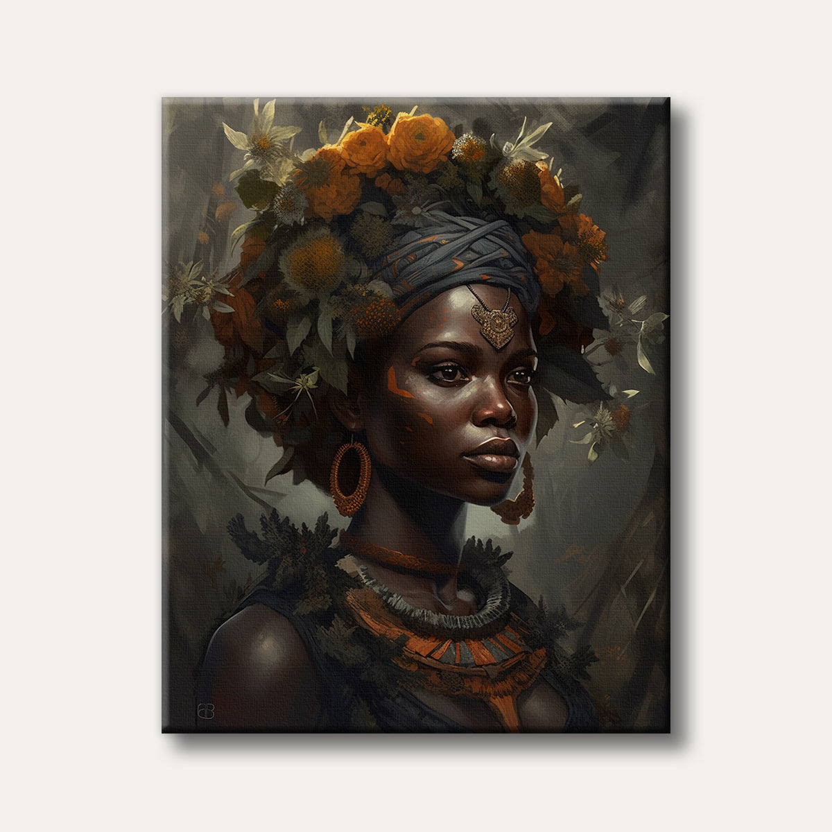 A striking close-up portrait of a woman with dark skin, wearing a large, ornate headdress of orange and yellow flowers and leaves, along with tribal-inspired jewelry. The art style is painterly and realistic with a muted, earthy background.