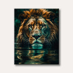A close-up portrait of a majestic lion with a multi-toned mane, gazing from dark, reflective water, rendered in a detailed, realistic style with teal and brown hues.