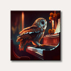 A wise owl stands elegantly on a piano keyboard, illuminated by warm light, in a stylized, dramatic digital painting.