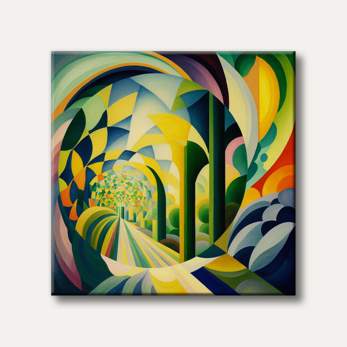 An abstract painting featuring a kaleidoscopic tunnel of geometric shapes and vibrant colours, creating a dynamic and modern visual experience.