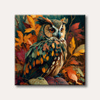 A majestic owl with intricate, colourful plumage and bright orange eyes, surrounded by deep orange, red, and green autumn leaves, rendered in a detailed, stylized painting technique.