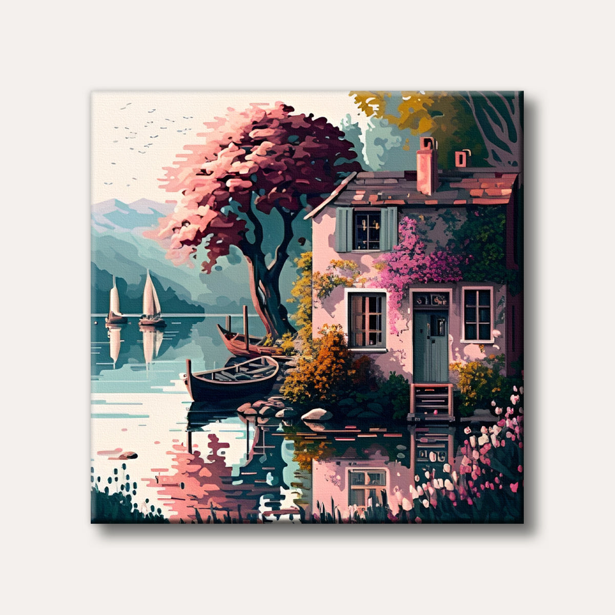 A quaint pink cottage adorned with flowering vines and a large pink-leafed tree beside a calm lake with boats, rendered in a colourful, illustrative style.