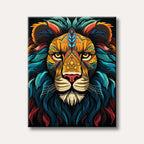 A highly stylized lion's head featuring intricate geometric and tribal patterns on its face and a flowing, multi-coloured mane in shades of blue, orange, and red against a dark background, rendered in a bold, illustrative style.