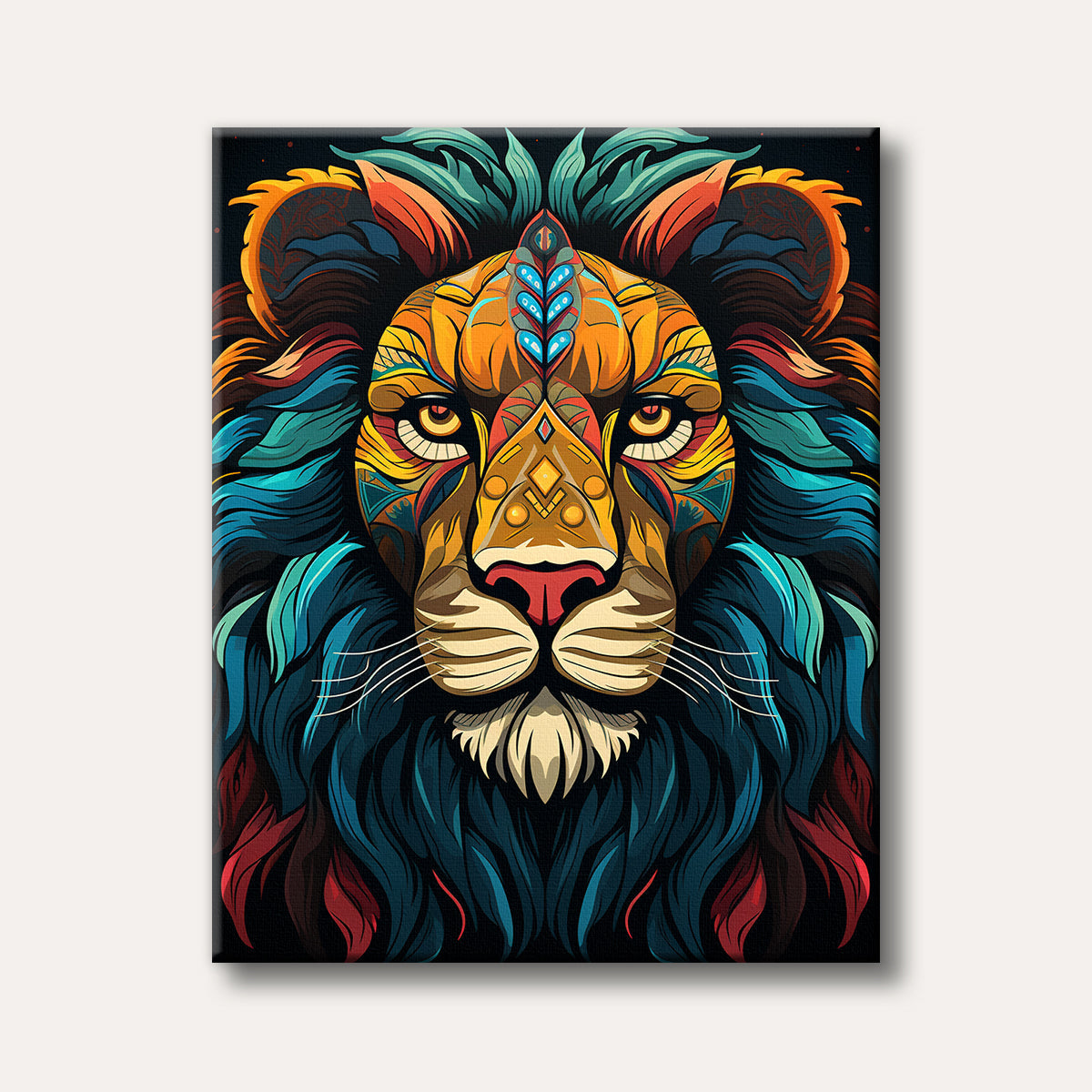 A highly stylized lion's head featuring intricate geometric and tribal patterns on its face and a flowing, multi-coloured mane in shades of blue, orange, and red against a dark background, rendered in a bold, illustrative style.