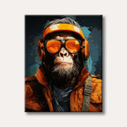 A cool chimpanzee wearing orange headphones and sunglasses, depicted in a bold, graphic art style with paint splatters.