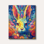 A close-up of a rabbit with fur in vibrant rainbow colours, surrounded by colourful flowers, rendered in a bright, fantastical art style.