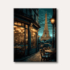 A vibrant, illustrative depiction of a Parisian street at dusk, with a glowing cafe on the left and the iconic Eiffel Tower illuminated in the background.
