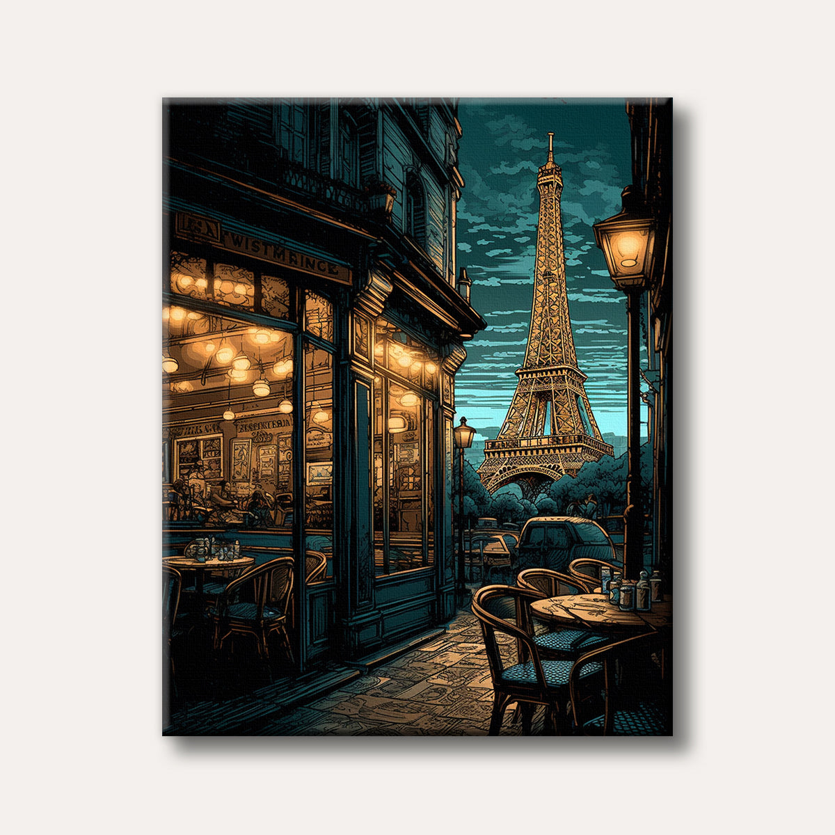 A vibrant, illustrative depiction of a Parisian street at dusk, with a glowing cafe on the left and the iconic Eiffel Tower illuminated in the background.