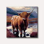 A majestic shaggy-haired Highland cow with large horns stands in shallow water amidst a rugged, mountainous landscape, painted in a detailed, realistic style.