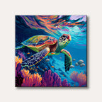 A brightly coloured sea turtle swims amidst vivid coral and ocean depths, rendered in an expressive, painterly style with bold, sweeping brushstrokes.
