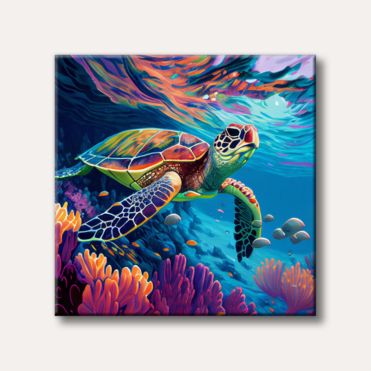 A brightly coloured sea turtle swims amidst vivid coral and ocean depths, rendered in an expressive, painterly style with bold, sweeping brushstrokes.