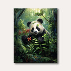 A fluffy panda peeking through dense, vibrant green jungle foliage, with light filtering from above, rendered in a detailed, endearing art style.