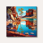 A vibrant desert landscape painting showing towering red rock cliffs reflected in a calm blue lake, with a lone tree on the shore.