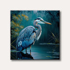 A majestic Great Blue Heron stands gracefully in serene blue-green waters, depicted in a detailed, painterly style with hints of abstract foliage.