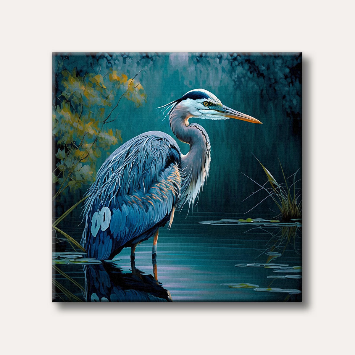 A majestic Great Blue Heron stands gracefully in serene blue-green waters, depicted in a detailed, painterly style with hints of abstract foliage.