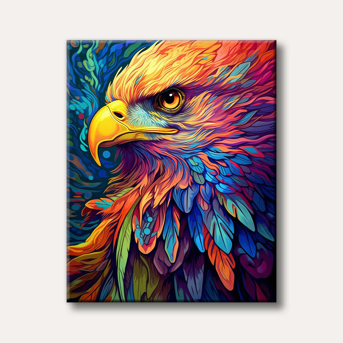 A close-up portrait of an eagle, depicted with an explosion of bright, psychedelic colours in its feathers and a sharp, observant eye.