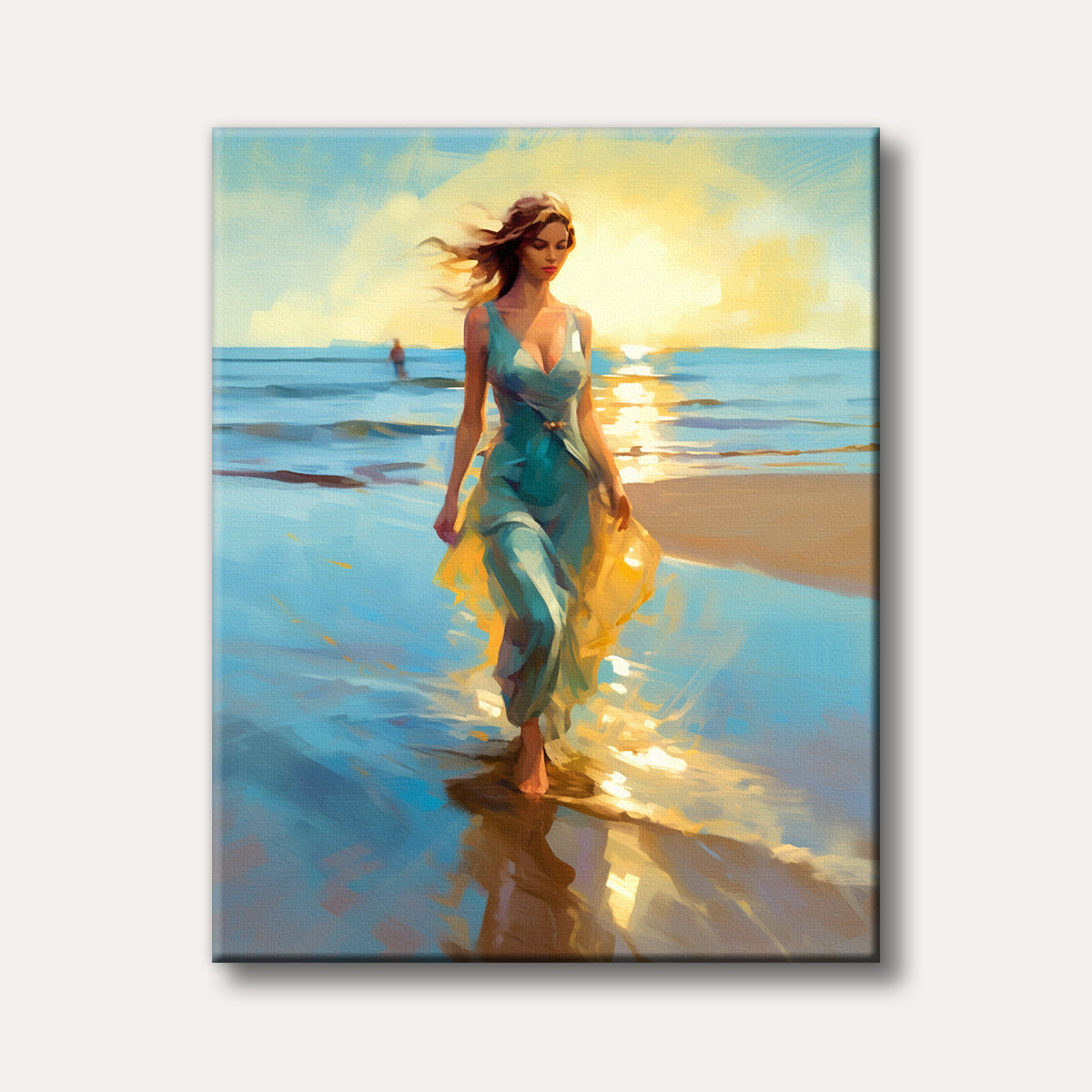 A woman in a flowing teal dress walks barefoot along a sun-drenched beach at golden hour, depicted in a painterly style.