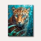 A close-up digital painting of a majestic jaguar with striking blue eyes, partially hidden amongst vibrant teal jungle foliage.