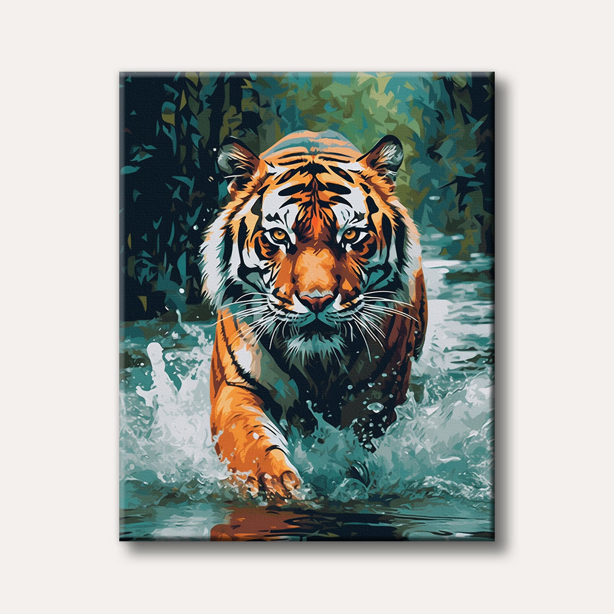 A powerful tiger with striking orange and black stripes walks through splashing water, depicted in a bold, painterly style.