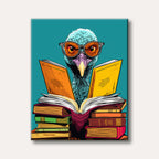 A whimsical blue bird, likely an ostrich or emu, wearing orange-tinted glasses and reading an open book atop a stack of colourful books, rendered in a bold, illustrative pop art style.