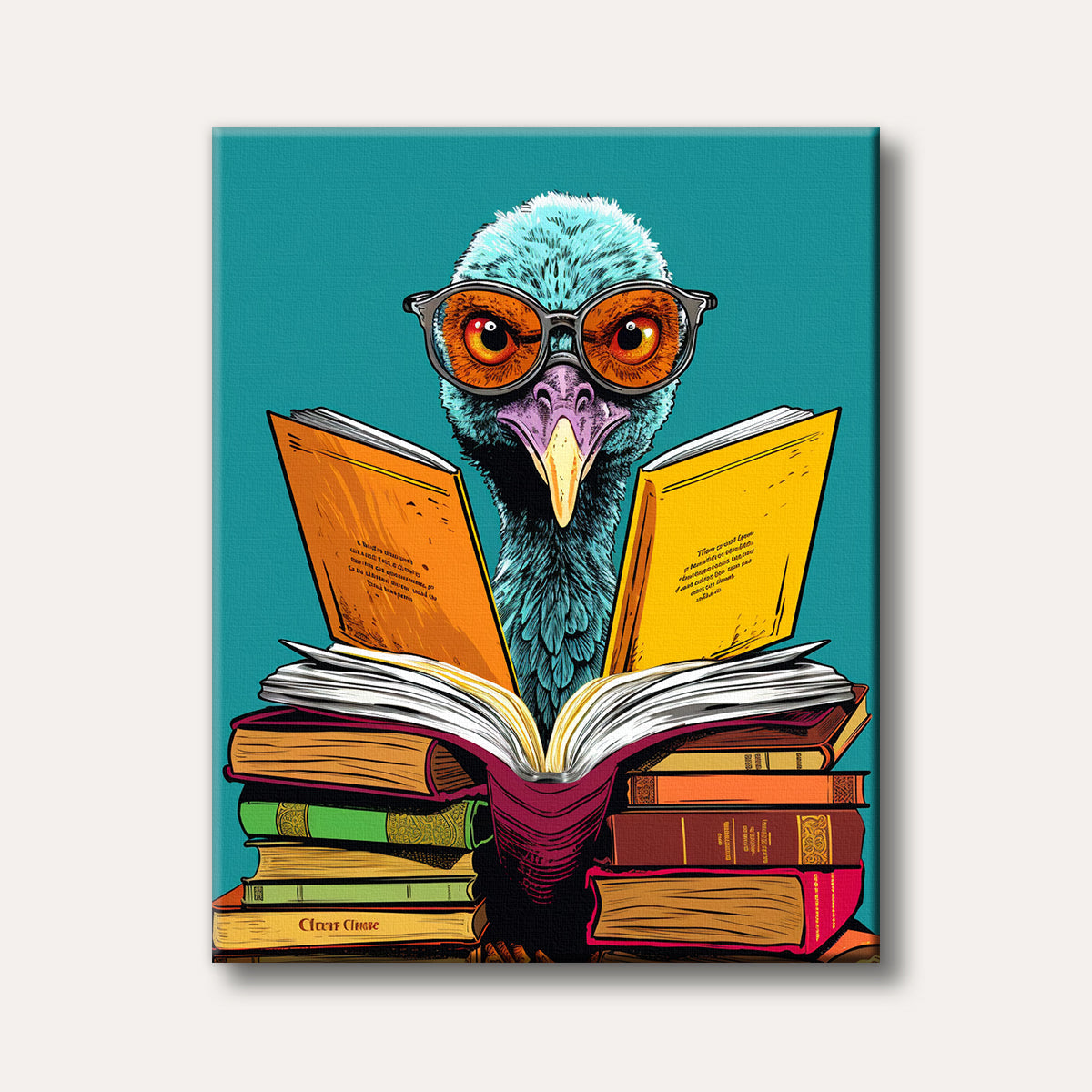 A whimsical blue bird, likely an ostrich or emu, wearing orange-tinted glasses and reading an open book atop a stack of colourful books, rendered in a bold, illustrative pop art style.