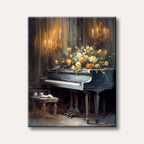 An elegant grand piano adorned with a vibrant bouquet of yellow and orange roses, illuminated by warm candlelight in a moody, impressionistic painting.