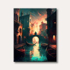 An artistic painting depicting a Venetian-style canal city at sunset, with gondolas floating on vibrant turquoise water reflecting orange light, surrounded by ancient buildings under a dramatic red and blue sky.