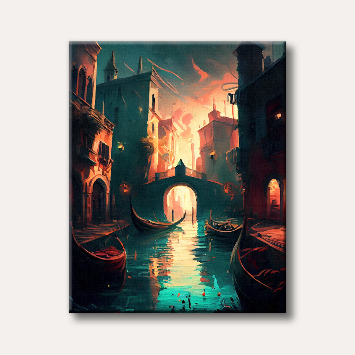 An artistic painting depicting a Venetian-style canal city at sunset, with gondolas floating on vibrant turquoise water reflecting orange light, surrounded by ancient buildings under a dramatic red and blue sky.
