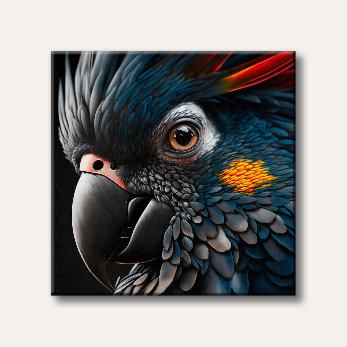 A close-up portrait of a majestic Black Palm Cockatoo, showcasing its intricate blue-grey feathers, striking orange-red crest, and a vibrant yellow facial patch, rendered in a realistic, detailed style.