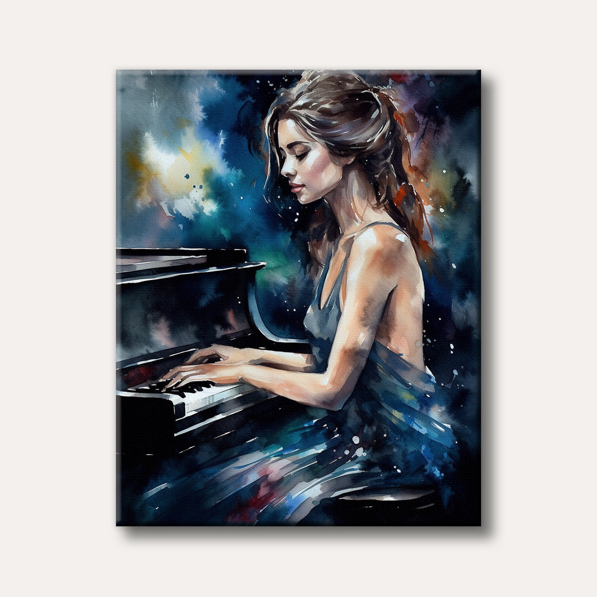 A woman with dark hair plays a grand piano, captured in an expressive watercolour style with flowing blue, teal, and gold background washes, conveying a serene and artistic mood.