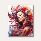 A serene portrait of a woman with closed eyes, surrounded by flowing red and orange feathers and colourful abstract flowers, rendered in a vibrant, artistic style.
