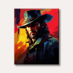 A striking portrait of a rugged cowboy wearing a hat and beard, depicted with bold brushstrokes against a vibrant, abstract background of red and yellow.