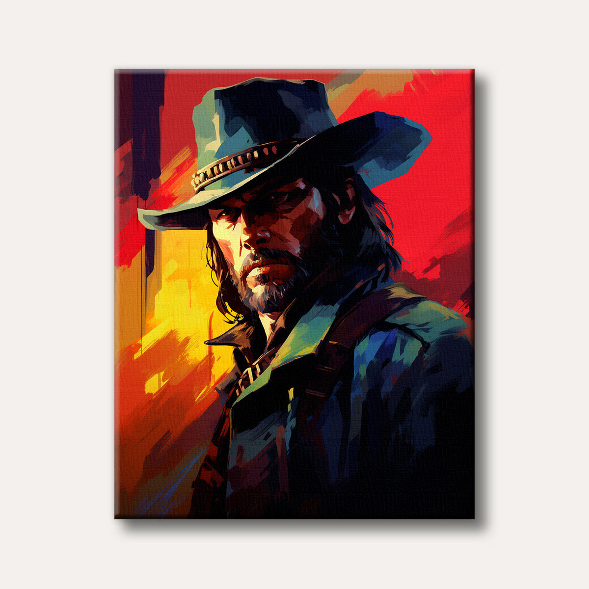 A striking portrait of a rugged cowboy wearing a hat and beard, depicted with bold brushstrokes against a vibrant, abstract background of red and yellow.