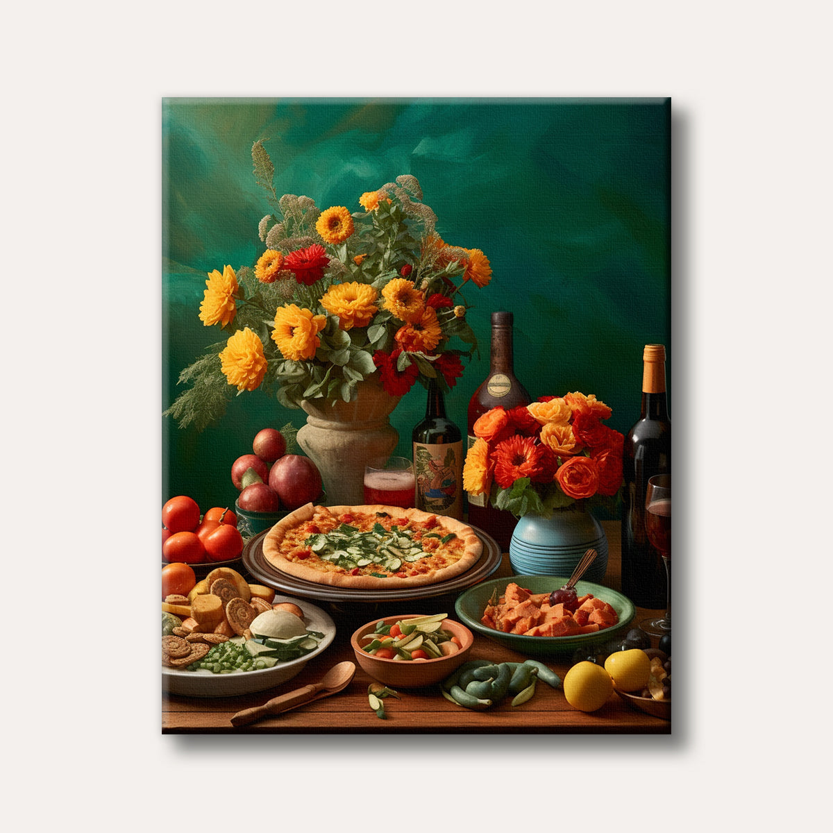 A vibrant still life painting depicting a bountiful dinner table spread with a pizza, various foods, wine bottles, and lush arrangements of yellow, orange, and red flowers against a dark green backdrop.