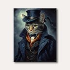 A sophisticated tabby cat dressed in a dark blue trench coat, ornate vest, and top hat, staring directly with vibrant green eyes in a painterly portrait style.