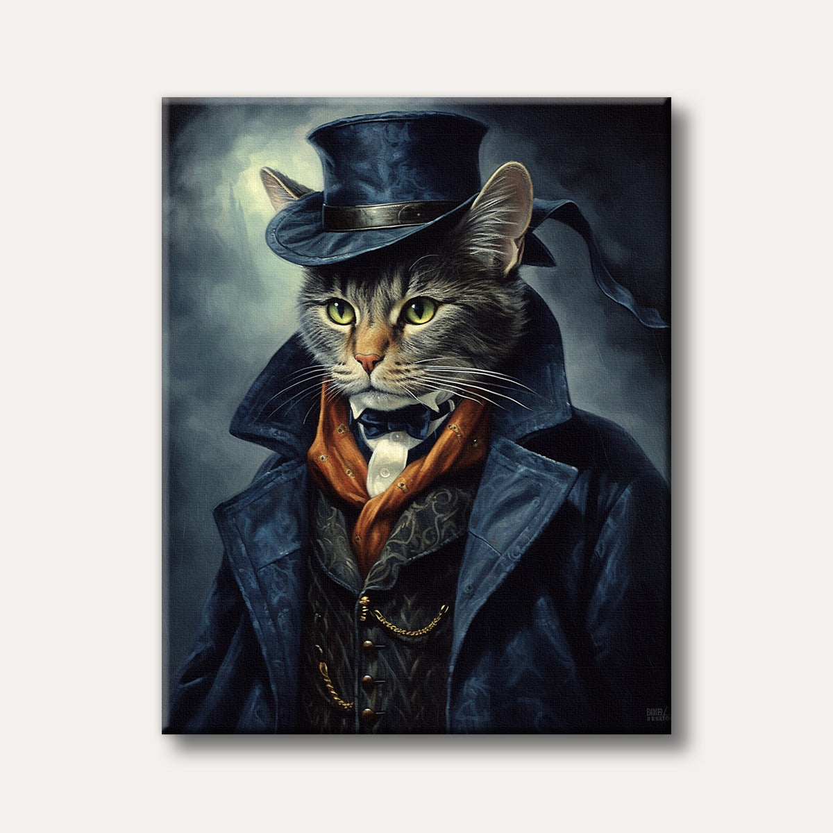 A sophisticated tabby cat dressed in a dark blue trench coat, ornate vest, and top hat, staring directly with vibrant green eyes in a painterly portrait style.