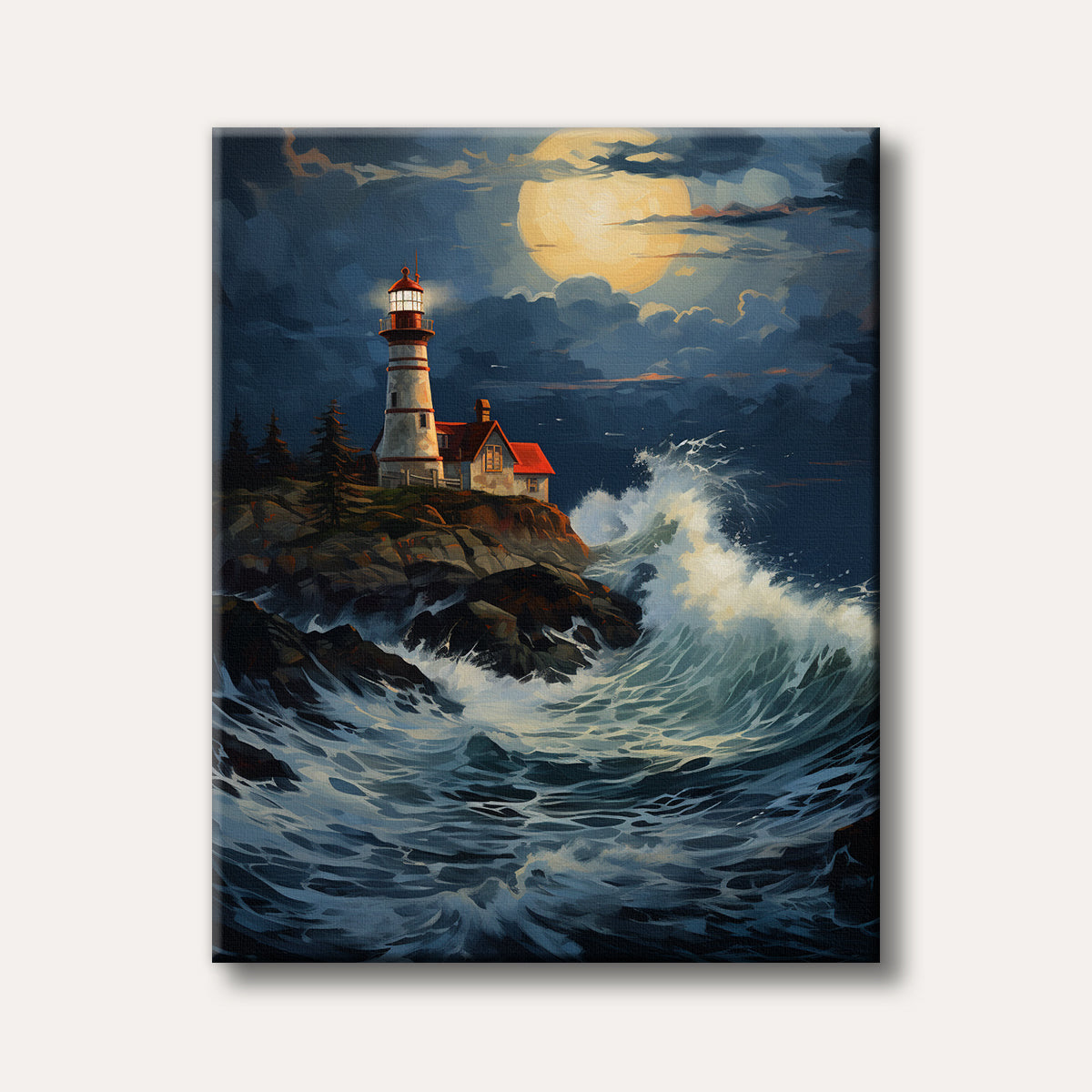 A dramatic painting of a lighthouse and house on a rocky cliff under a full moon with large waves crashing below, rendered in a painterly style.