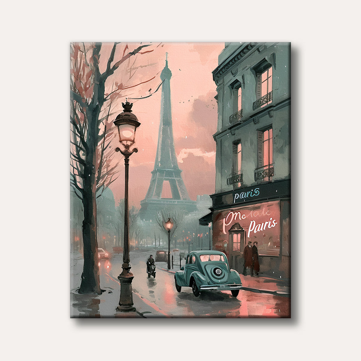 A painterly depiction of a romantic Paris street scene at dusk, with the Eiffel Tower prominent in the background, a vintage car, and lampposts, rendered in soft peach and teal tones.