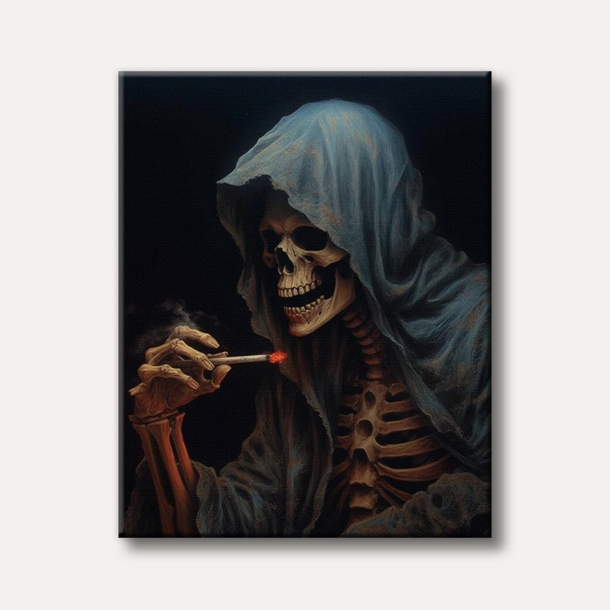 A skeletal figure wearing a tattered blue hood smokes a cigarette, rendered in a dark and eerie artistic style.